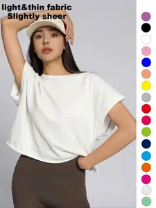 Women's Plain Cut-Out Asymmetrical Hem Batwing Sleeve Tee, Casual Short-Sleeve Round-Neck T-Shirt for Summer, Ladies' Clothing for Daily Wear