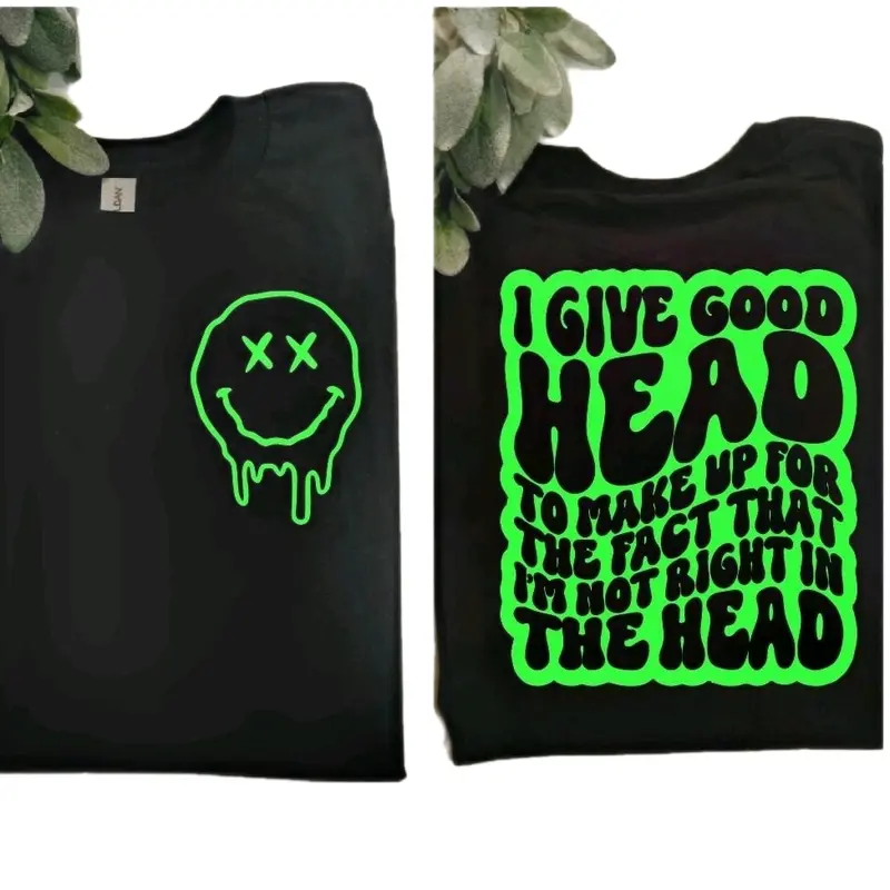 funny shirt not right in the head humor retro wavy lettering sarcasm short sleeve black and lime green Casual Top Cute T-Shirt Comfortable graphic