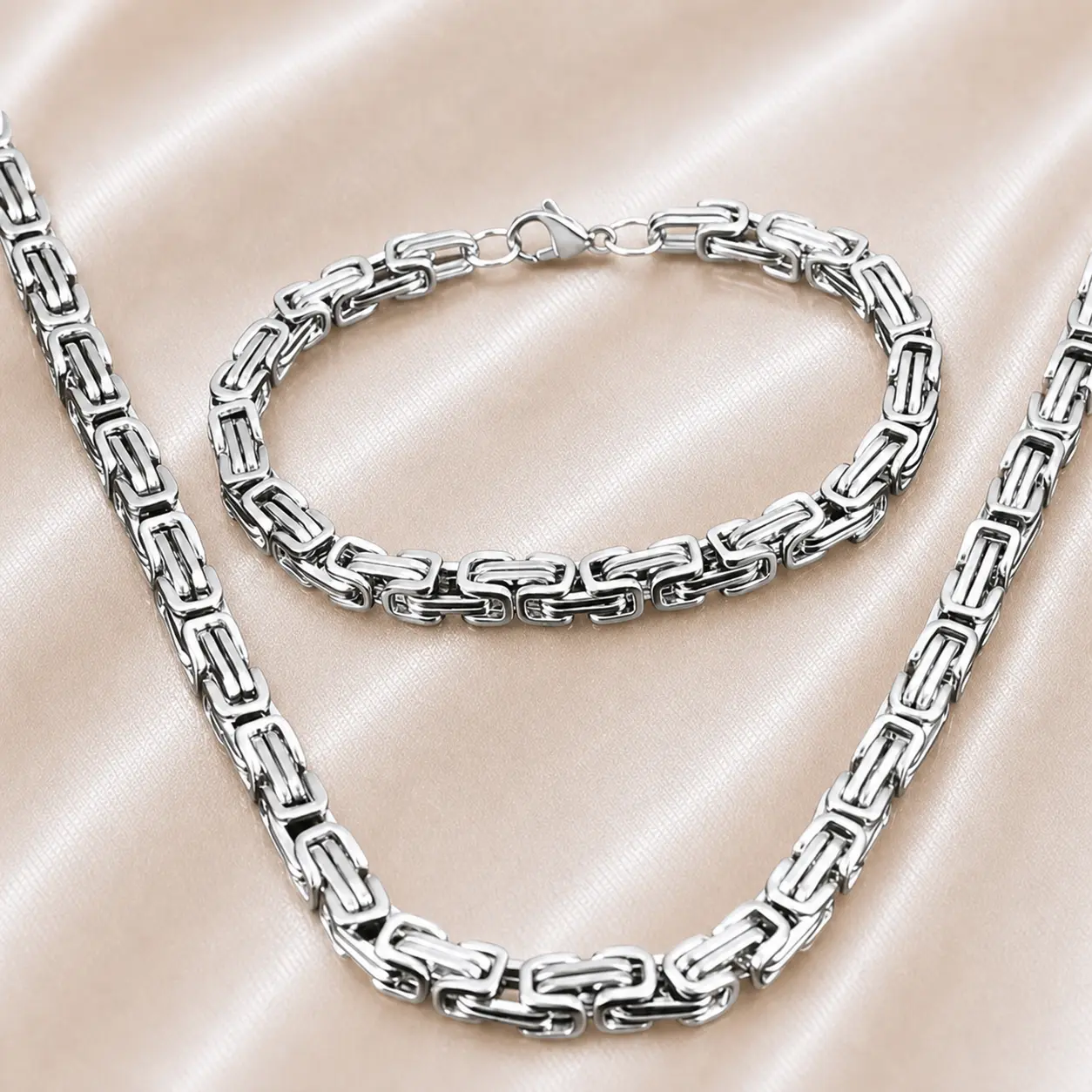 Men's Stainless Steel Necklace and Bracelet Set, Punk Style Edgy Design Byzantine Chain Jewelry, All-Season Fashion Accessories,byzantine chain mens, punk jewelry set, stainless steel chain, hip hop necklace bracelet, men heavy link jewelry