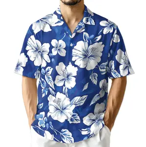 Blue Floral Hawaiian Shirt for Men, White Hibiscus Aloha Shirt, Tropical Flower Button Up Shirt, Summer Beach Vacation ShirtBlue Floral Hawaiian Shirt for Men, White Hibiscus Aloha Shirt, Tropical Flower Button Up Shirt, Summer Beach Vacation Shirt