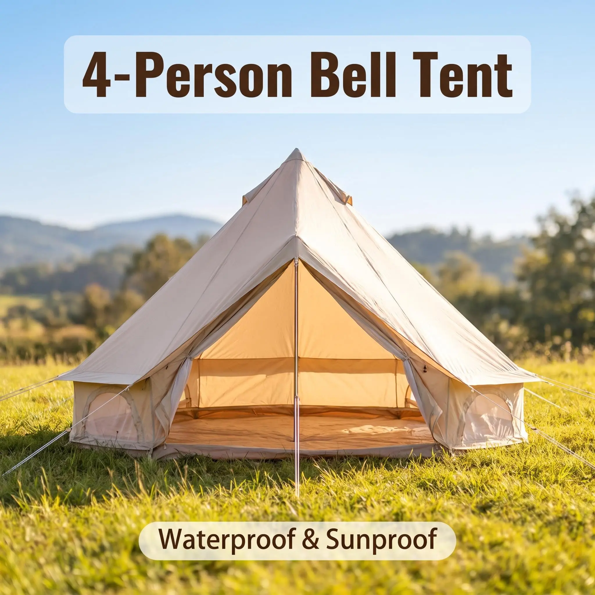 4-Person Waterproof UPF50+ Bell Camping Tent, 78.7in Center Height Large Space for Family Outdoor Glamping