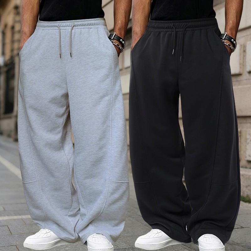 Solid Color Men's Loose Straight Long Pants - Polyester Fabric Soft and Slightly Stretchy, Drawstring Waistband, Outdoor Casual Style and Streetwear for Spring and Autumn, Two Side Pockets, Suitable for All Seasons