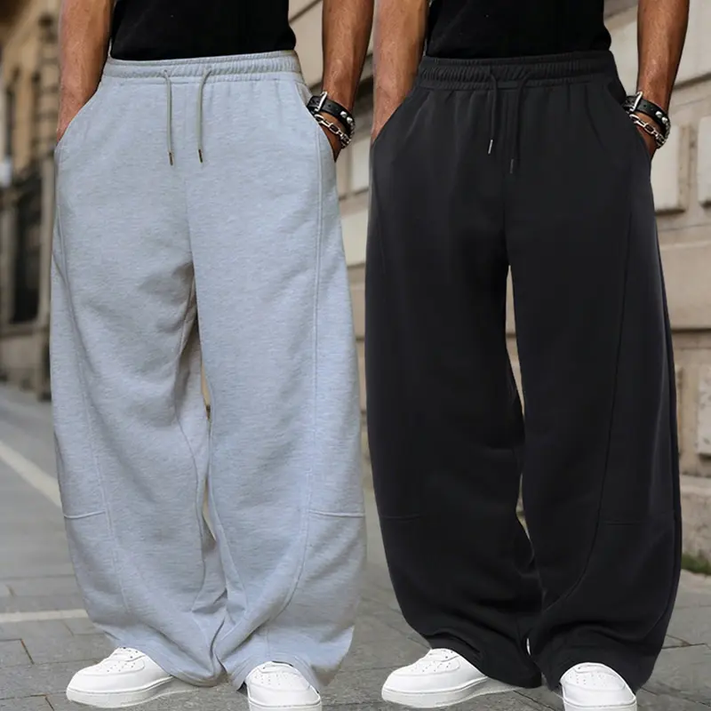 Solid Color Men's Loose Straight Long Pants - Polyester Fabric Soft and Slightly Stretchy, Drawstring Waistband, Outdoor Casual Style and Streetwear for Spring and Autumn, Two Side Pockets, Suitable for All Seasons