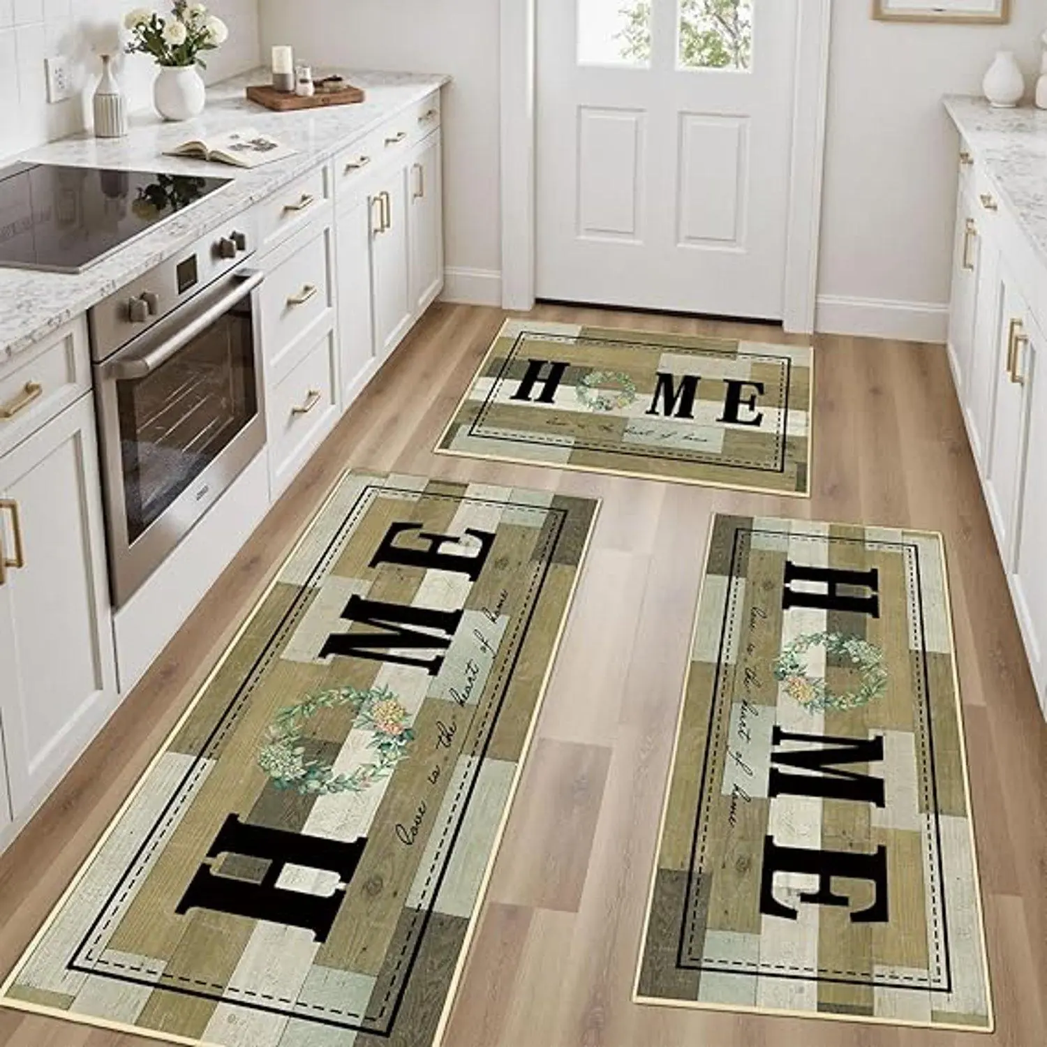 Flannel Patchwork Vintage Plank HOME Letter Green Wreath Decor Anti-Fatigue Kitchen Floor Mat