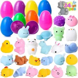 Easter 2026 Gift 24 Pcs Easter Prefilled Eggs with Mochi Squishy Toys, Stress Reliever Squishy Toy for Easter Theme Egg Hunt, Kids Party Favor, Basket Stuffers Filler, Classroom Prize Supplies