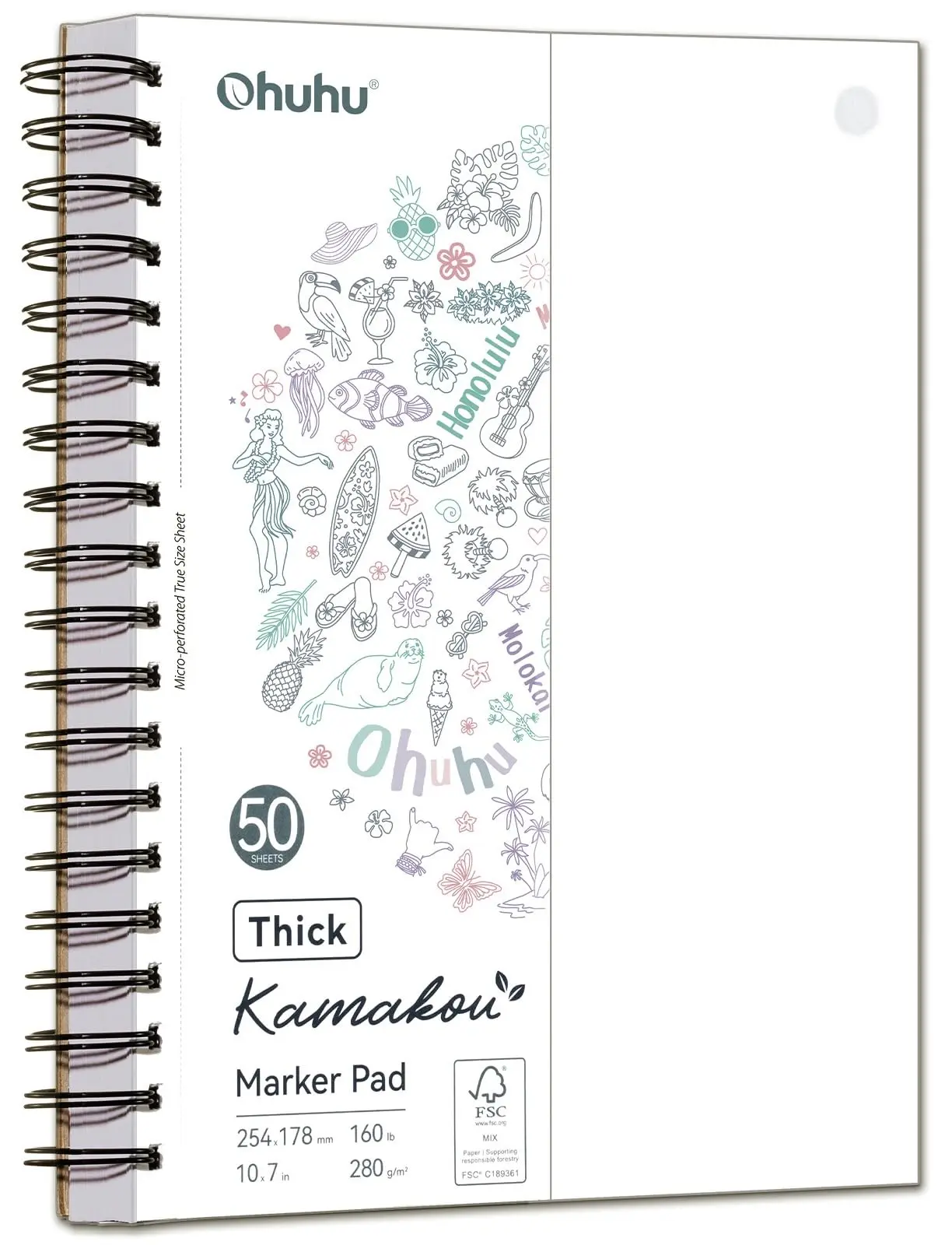 Ohuhu Marker Pads Art Sketchbook: 7"x10" Large - 160 lb/280 GSM Heavyweight Smooth Paper – 50 Sheets/100 Pages - Double-Sided - Bleedproof Art Sketchbook - Spiral-Bound Drawing Book for Alcohol Markers - Kamakou Series of Ohuhuart