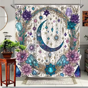 Bohemian Celestial Moon & Floral Shower Curtain With & Gemstone Stones - Vintage Bathroom Shower Curtains With Grommets Hook Lightweight Bathroom Curtain Decor