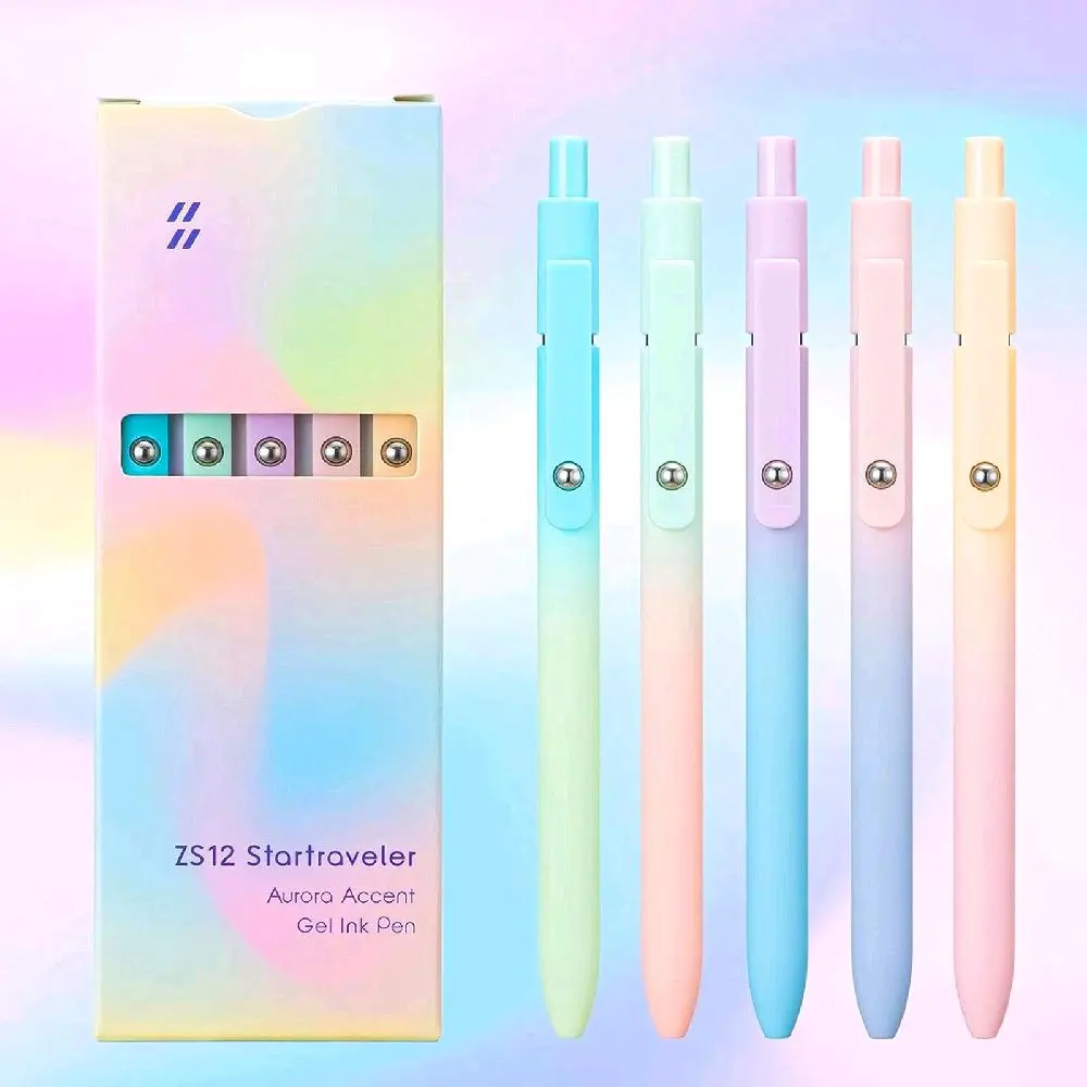 ZS12 Star Traveler Aurora Accent Gel Ink Pen 5 Pack Smooth Writing Experience for Coloring Scribbling Journaling & Emotional Expression