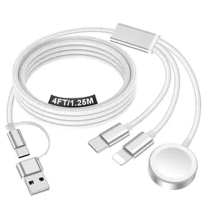 3 in 2 Travel Charging Cable, 4FT Portable Multi Charging Cable with Type C, Lightning and Magnetic Watch Charger for Phones, Smart Watches, Car, Camera, Travel, Office and Daily Charging