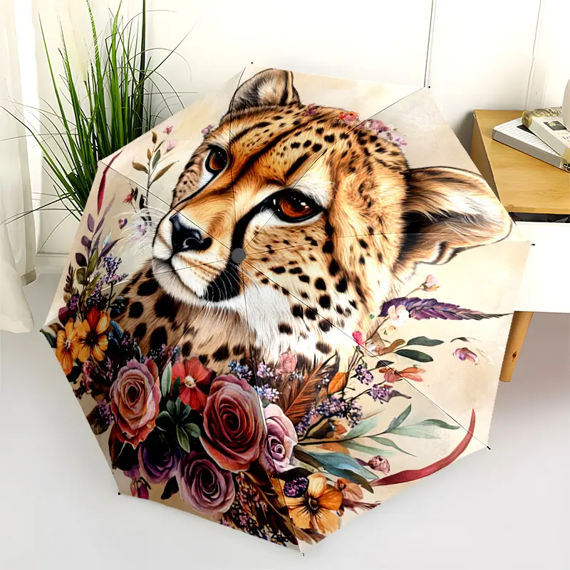 1 PC Automatic Folding Umbrella - Cheetah Floral Portrait Pattern, Portable & Foldable Design with 8 Ribs, Merry Christmas Pattern,Casual Outdoor Accessory Halloween and Christmas Birthday Gifts. C0013