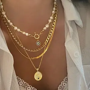 4 Layered Gold Chain Necklace Set, Pearl Evil Eye Yin Yang Pendant Stack Choker, Boho Vintage Jewelry for Women Daily Beach Party