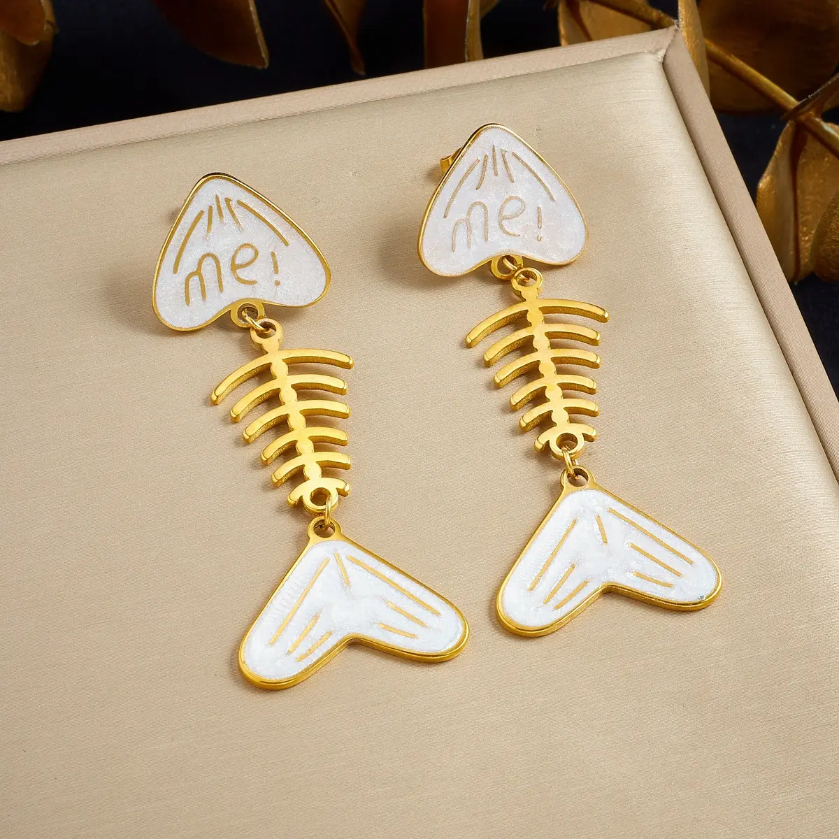 Fashionable Design Oil-Drip Fishbone Earrings For Women, Trendy Gold-Plated Stainless Steel Fish Skull Earrings