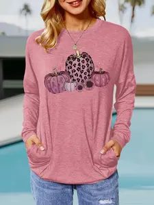 Women's Halloween Pumpkin Print Round Neck Long Sleeve Pullover, Loose Fit Casual Top for Spring & Fall, Comfortable Daily Wear