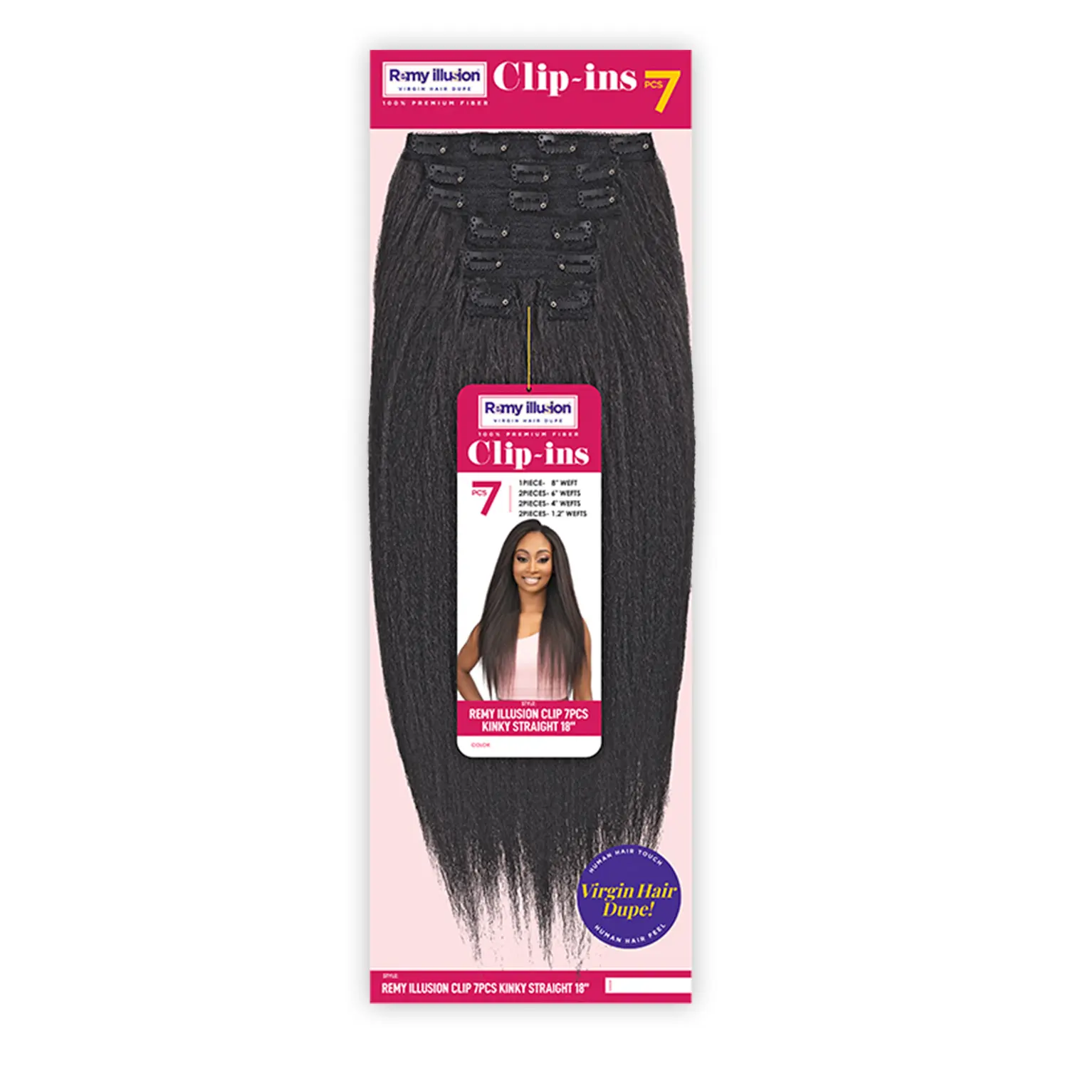 Janet Collection Remy Illusion Kinky Straight Clip-ins, 18" Long Unisex Synthetic Clip Hairpiece, 7-Piece Set with Heat Resistant Fibers, Seamless Blend (Unisex Names Included), 18-Inch, Silky Smooth, Clip In Hair Extensions