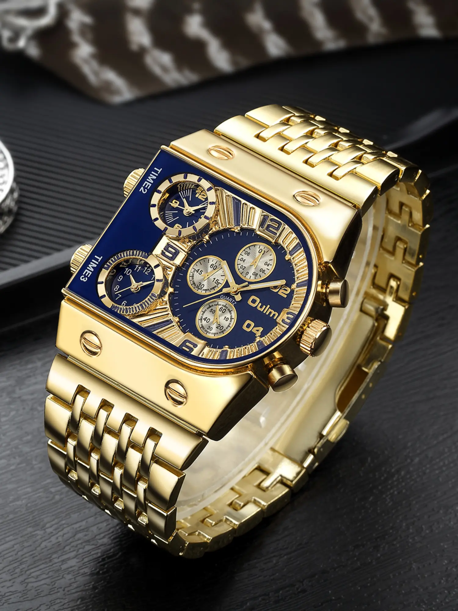Blue Trendy Quartz Watch, Three Time Zone Multi-Dial Layout with Full Gold Metal Strap, Eye-Catching Party Accessory, Quartz Movement, Fashionable Watches