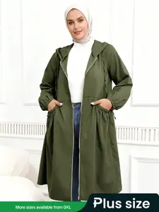 Plus Size Solid Adjustable Drawstring Zip Up Hooded Coat, Casual Long Sleeve Pocket Outerwear for Fall & Winter, Women's Clothes for Daily Wear, Womenswear