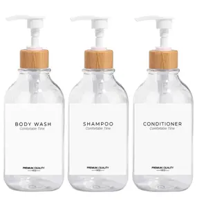Refillable Shampoo Bottles with Bamboo Pump Dispenser, Plastic Clear Set (Clear)