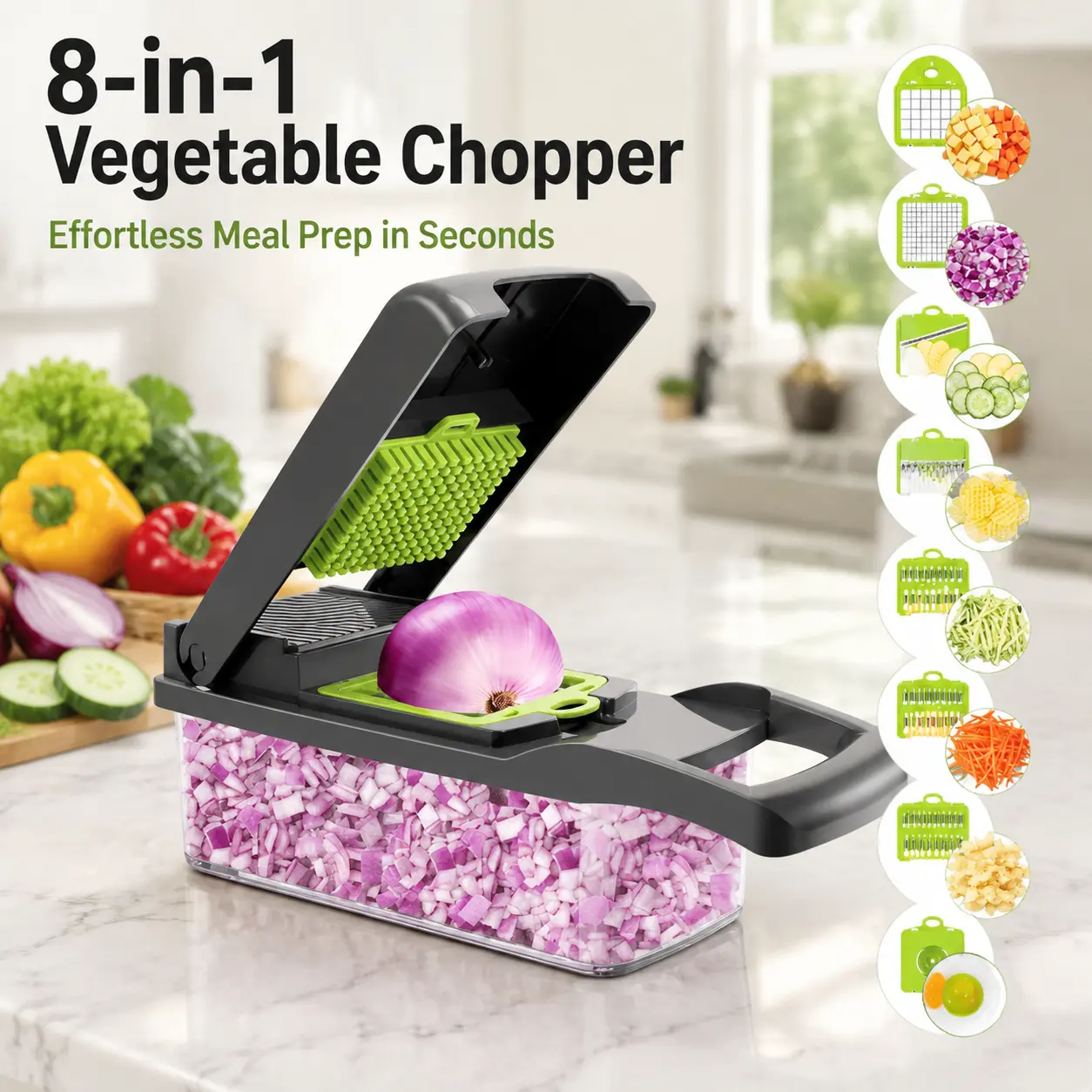 8-in-1 Vegetable Chopper with Container, Food Chopper, Onion Chopper Dicer, Mandoline Slicer Veggie Cutter with 8 Blades – Multifunctional Kitchen Gadgets for Potato, Tomato, Onion, Salad (Black)