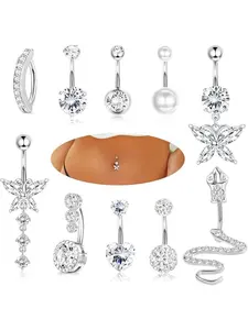 10Pcs 14G Belly Button Bars for Women Surgical Steel Pink Blue Belly Bar CZ Butterfly Snake Clicker Navel Rings Belly Piercing Set Body Piercing Jewellery Body Piercings Set