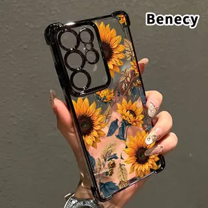 Sunflower Symphony Pattern Phone Case Suitable for Samsung Galaxy S23 Ultra S24 Plus S25 S22+ FE Edge Four Corner Air Cushion Anti Drop Transparent Full Coverage Cover