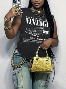 Women's 100% Cotton Washed Vintage Sleeveless T-Shirt, Retro Car Letter Print Casual Vest, Soft Comfortable Fitted All Seasons