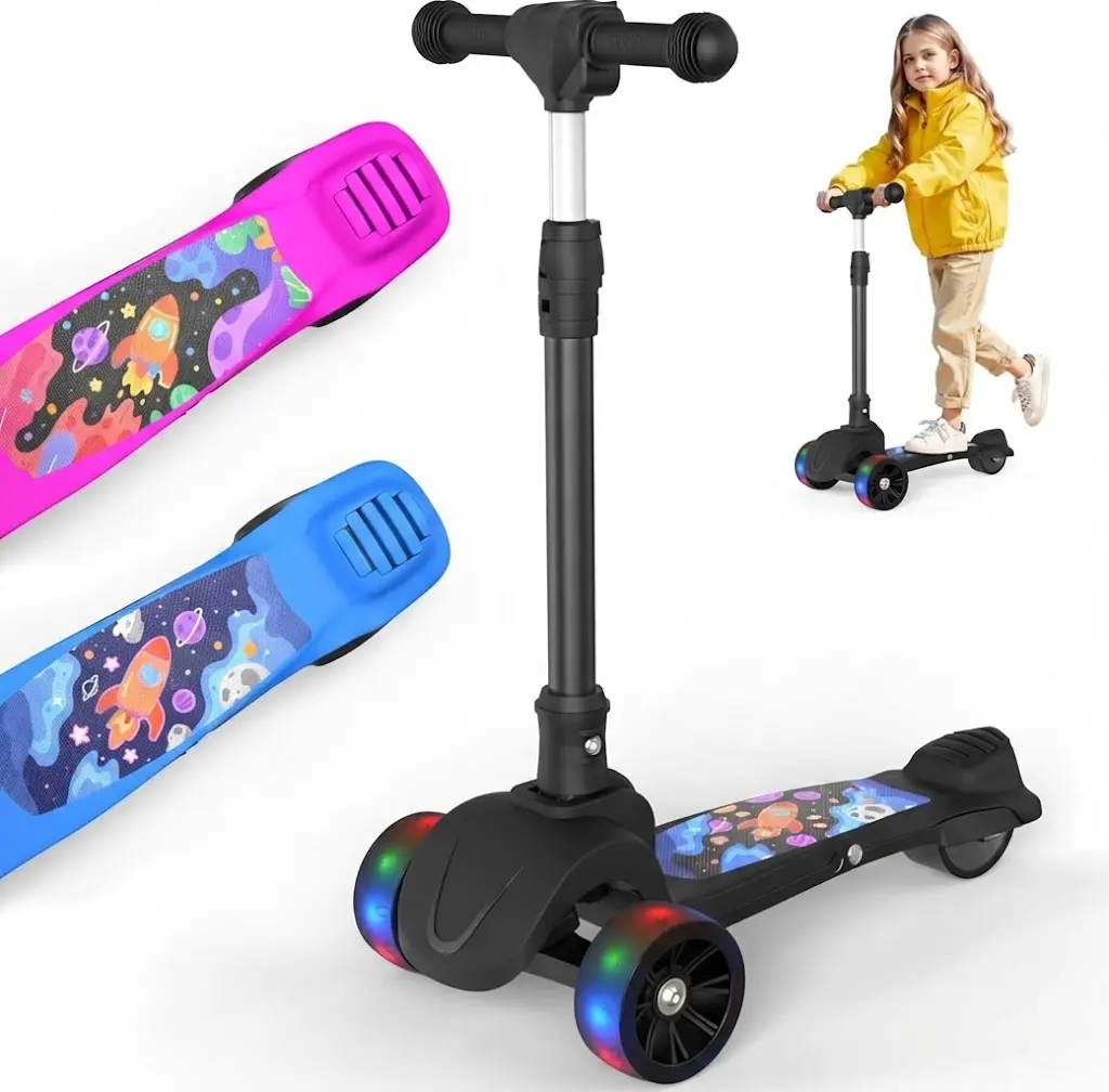 Kids' 3-Wheel Electric Scooter, Adjustable Height, Foldable Aluminum Frame, Light-Up LED Wheels, Lean-to-Steer Stability, 110 lbs Weight Capacity