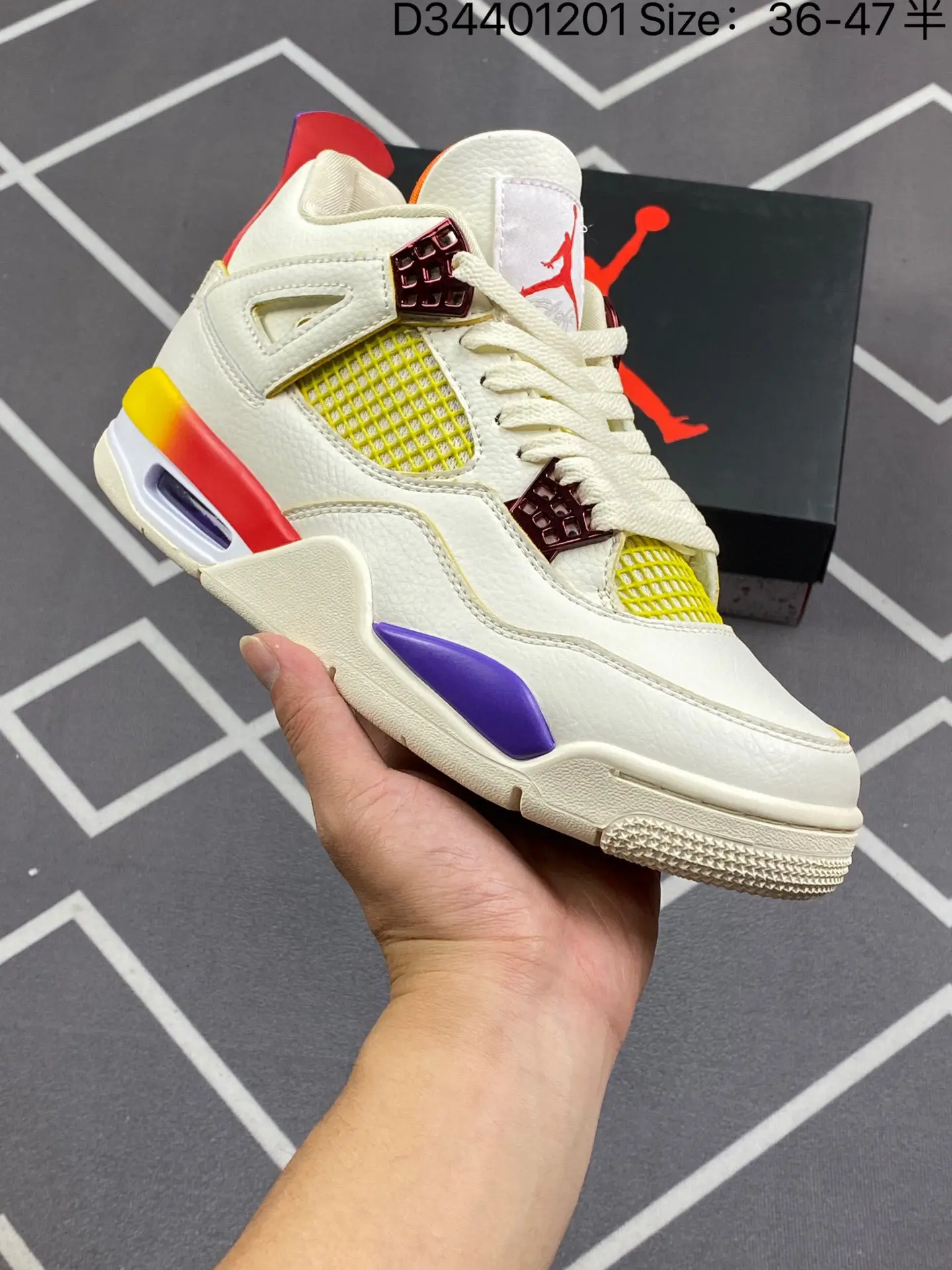 Urban mid‑top trainers built with premium off‑white grain leather and yellow breathable mesh panels, creamy upper with colorful red‑yellow‑purple accents, mid‑top silhouette, delivers shock‑absorbing stable comfort for various daily occasions.