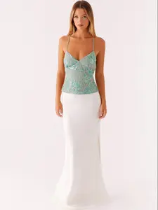 Women's Floral Embroidery Beads Decor Cami Top, Spaghetti Strap Y2K Fashion Sleeveless Fit Top for Daily Outdoor Wear, Women Top Clothes for Summer