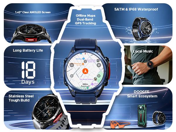 Anywise W1 Pro Waterproof Sport Smartwatch, 1.43" AMOLED Touchscreen Display, 170+ Sports & Workout Modes, Dual-Band GPS Tracking, 5ATM Waterproof Smartwatch