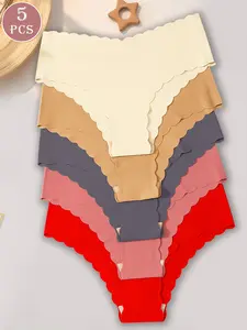 Women's Seamless Triangle Briefs Set, Wave Edge Design, Plain Low Waist Comfortable Underwear, Slim-Fitting, All Seasons, Underwear Sets, 5 Pieces