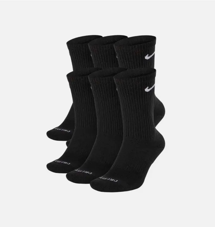 Nike Men's Everyday Plus Black Crew Athletic Socks, Size Medium, 6-Pack, for Training