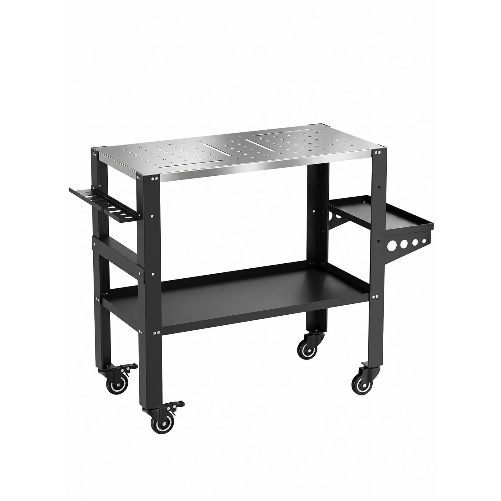 36 x 18in Welding Table, 1200 lb Capacity Workbench with Locking Wheels, Tool Rack, Tray, Slots & 5/8in Fixture Holes, Black