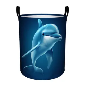 1 Piece Dolphin Theme Foldable Laundry Basket - Large Capacity Round Fabric Storage Basket with Handle, Blue Design, Cute Cartoon Dolphin Illustration, Perfect for Clothes, Toys, and Home Organization, Laundry Basket, Laundry Basket