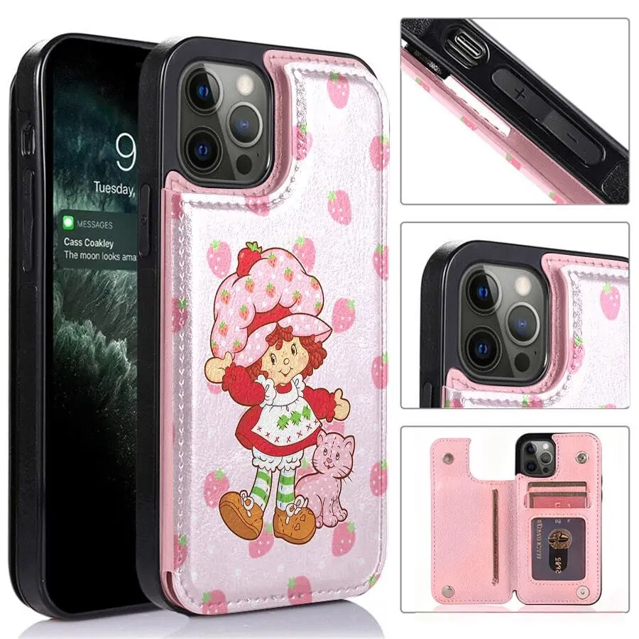 Blush Pink Strawberry Cat Protective Cellphone Casing - Warm Leather Feel, Shockproof Drop & Scratch Protection, Strong Magnetic Closure, Multi-Card Slot Wallet, Handheld Holiday Gift for iPhone 17/16/15/14/13/12 by summerwins