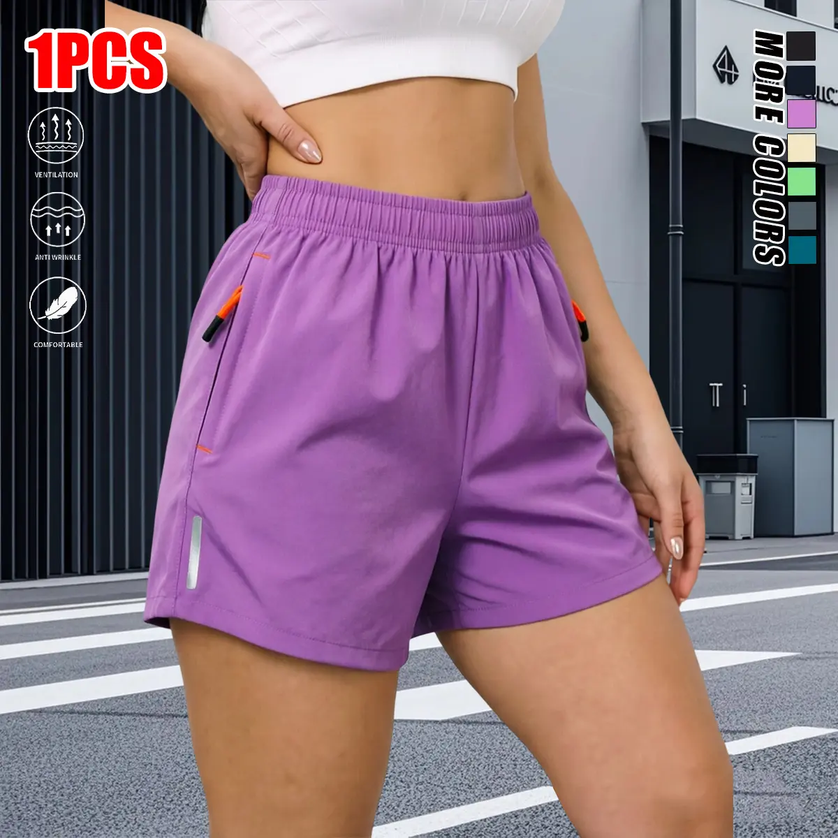 Women's Polyester Outdoor Lightweight Athletic Shorts - Multi-Size, High Waistband, Zip Pockets with Reflective Accents, Wrinkle-Resistant, Solid Colors, Ideal for Commuting, City Sightseeing