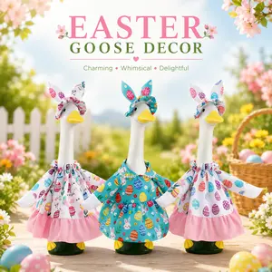Summer Easter Porch Goose Outfit for 23" Plastic or Cement Goose Statues (Statue Not Included), Cute Bunny Ear Goose Clothes with Easter Egg Pattern Dress, Farmhouse Porch Goose Costume for Patio Garden Lawn Decor