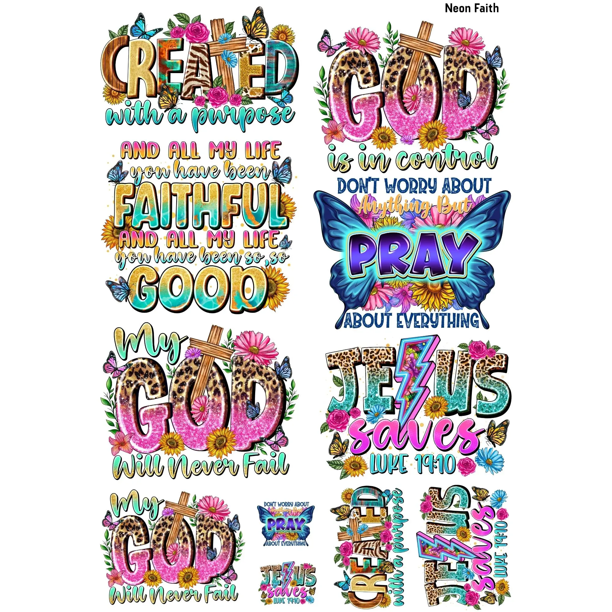 Neon Faith DTF Transfer Gang Sheet 24.5" wide x 36" long. Direct To Film Mini Gang Sheet