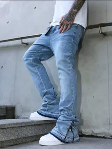 Men's New Hole Denim Jeans Trendy Zipper Design Casual Slim Fit Straight Leg Pants, Fashionable Beggar Style, All Seasons Wear