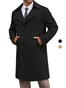 Men's Solid Color Double Button Windbreaker Jacket, Casual Business Style Woven Fabric Coat for Fall & Winter, Fitted Design