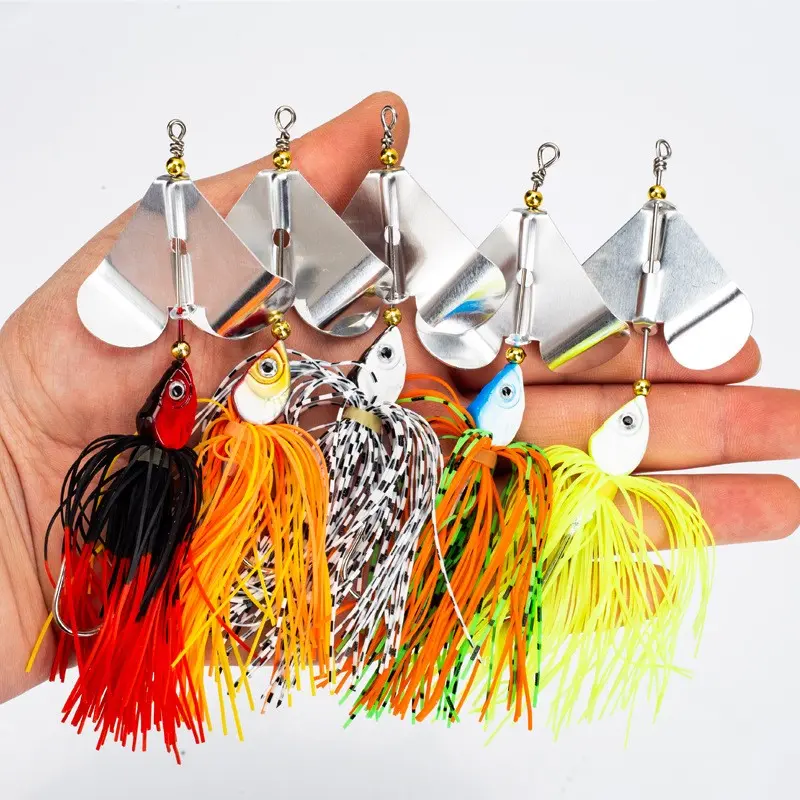 5PCS Topwater Inline Buzzbait Fishing Lures Set, 0.46 oz Bass Spinnerbaits with Double-Wing Aluminum Blade & Vibrant Silicone Skirt, Weedless Single Hook Swimbaits Kit Outdoor Fishing Supplies for Summer Bass Pike Outdoor Fishing Equipment