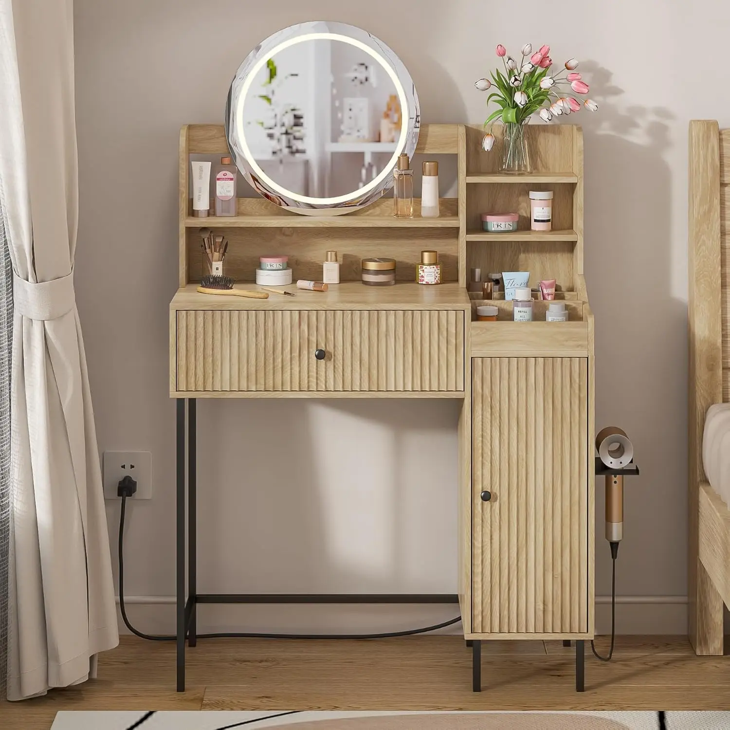 Jluomei Fluted Natural Makeup Vanity Desk with LED Mirror, Power Outlet, Drawers, Built-in Storage, Modern Boho Small Bedroom Vanity for Dresser Organization & Beauty Organization, Vanity With Mirror