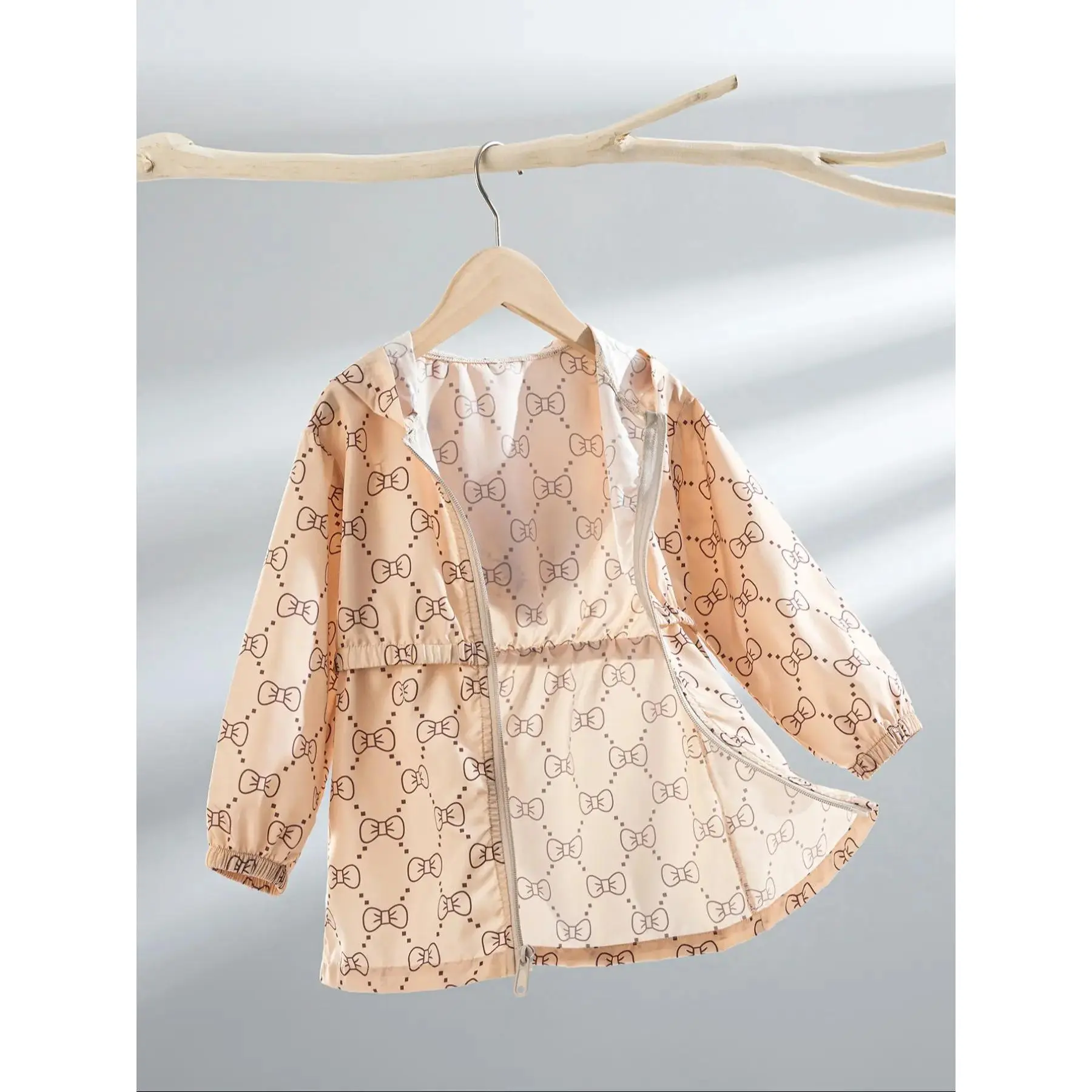 (New)Girls' Fashion Hooded Jacket Spring/Autumn Ultra-Thin Long-Sleeved Jacket Cute Bow Infant Mid-Length Sun Protection Jacket Children's Loose-Fitting Clothing