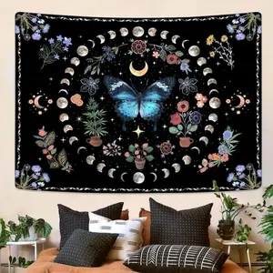 Blue Butterfly Moon Flower Tapestry Boho Floral Plant Tapestries for Bedroom Aesthetic Nature Tapastry's Wall Hanging Mandala Botanical Wall Tapestry for Living Room Dorm Decor Landscape Retro Swiss