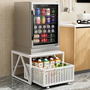 Mini fridge stand with storage, heavy-duty fridge cart with drawer basket, mini refrigerator table supporting up to 220 lbs, mobile fridge stand with swivel wheels for dorms, offices, and homes, white