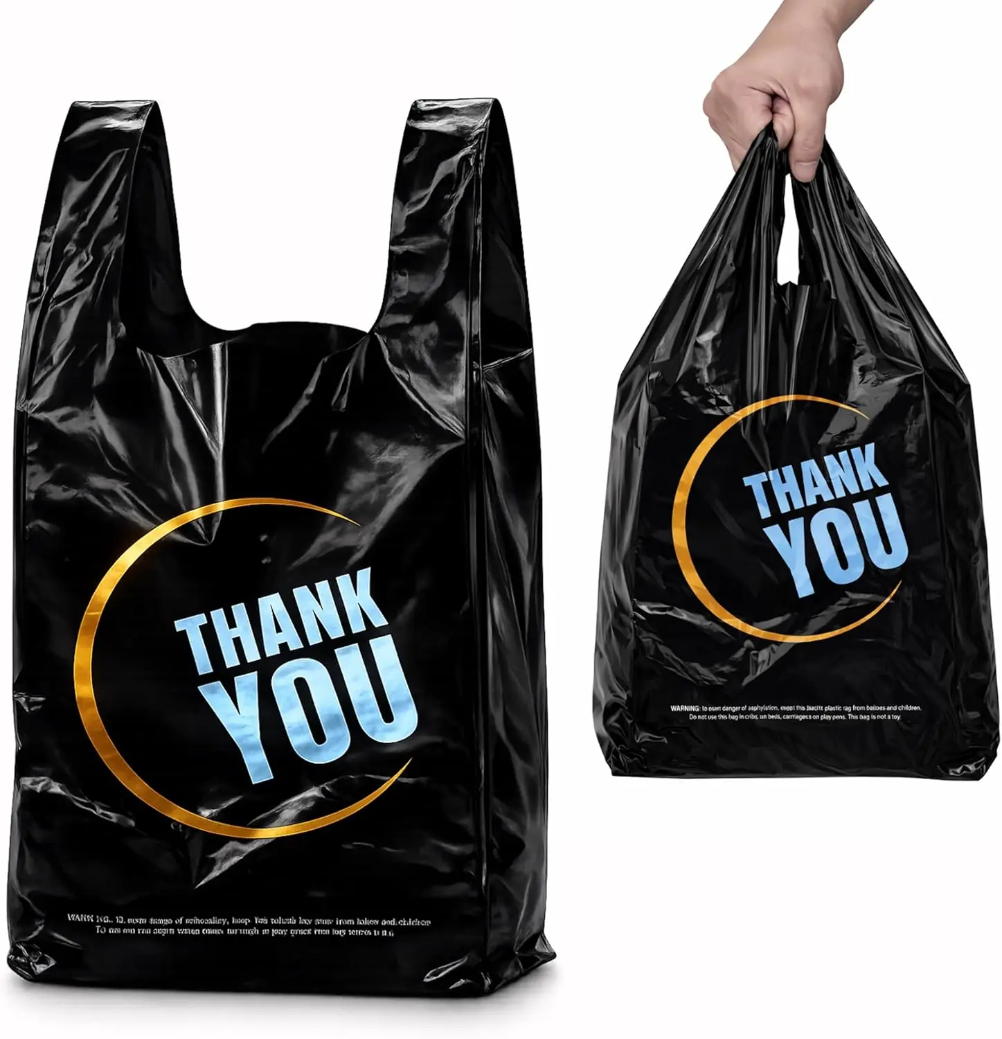 YoYoRain 100 Count Black Thank You T-Shirt Bags, 11 x 6 x 21 in | Durable HDPE with handles, black Thank You print, carryout sacks for grocery, retail, takeout and small business