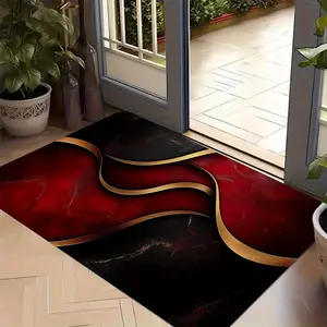 1pc Modern Style Carpet Doormat, Decorative Rug Mat, Red and Black Background with Elegant Curves Metal, for Bedroom Living Room Kitchen Home Indoor Holiday Decoration Fathers Day, Independence Day