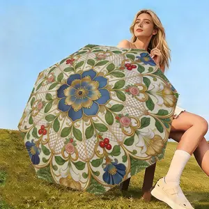 Vintage Blue Gold Plant Print Umbrella, 8-Rib Folding Rain and Sun Shelter, Lightweight Design, Ideal for Outdoor Activities, Sunshade Umbrella