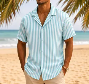 Men's Coastal Stripe Shirt Short Sleeve Button Down Beach Vacation Resort Summer Shirt