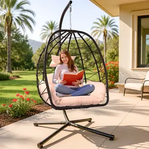ZZWHOM Free Standing Egg Swing with Stand, Heavy Duty Steel Frame 350lbs Capacity, Oversized 37.5’’ Seat with Full Body Support Cushion, 20 Min Assembly, Backyard Patio