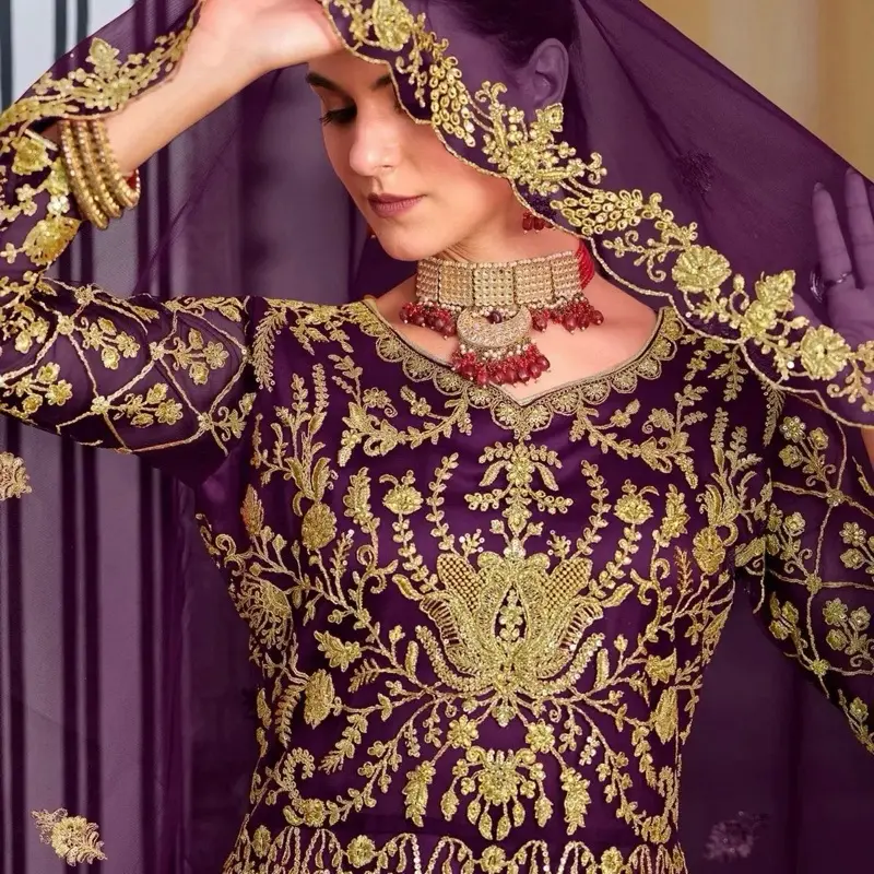 Wine color, Big Size 3XL/44-46. Embroidered Net Wedding Wear Gown with Dupatta with heavy coding, intricate stone work, and dense embroidery, Coding work